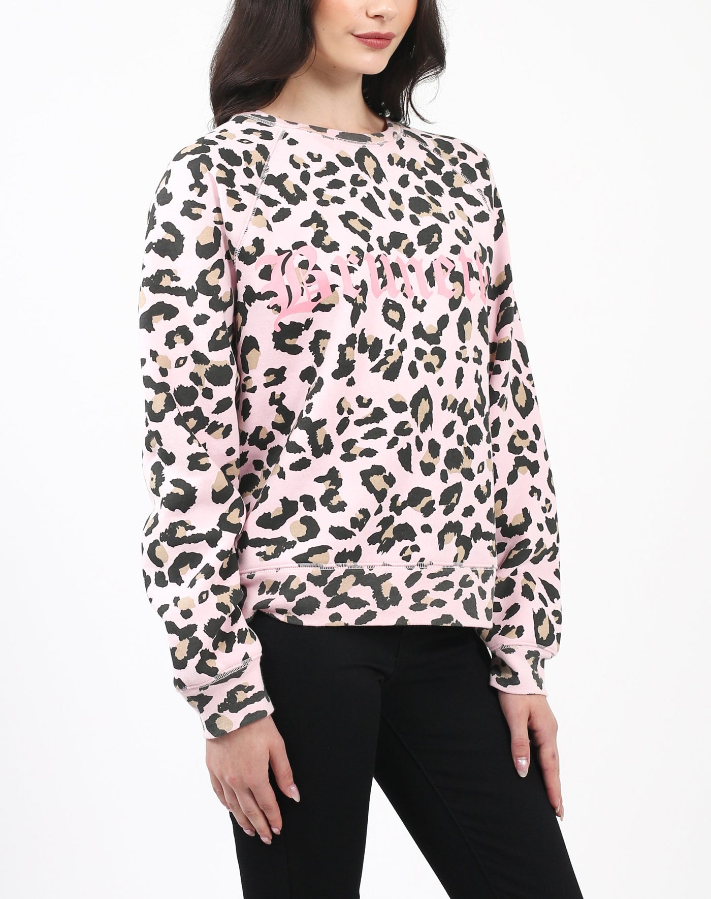 The "BRUNETTE" Pink Leopard Middle Sister Crew Neck Sweatshirt