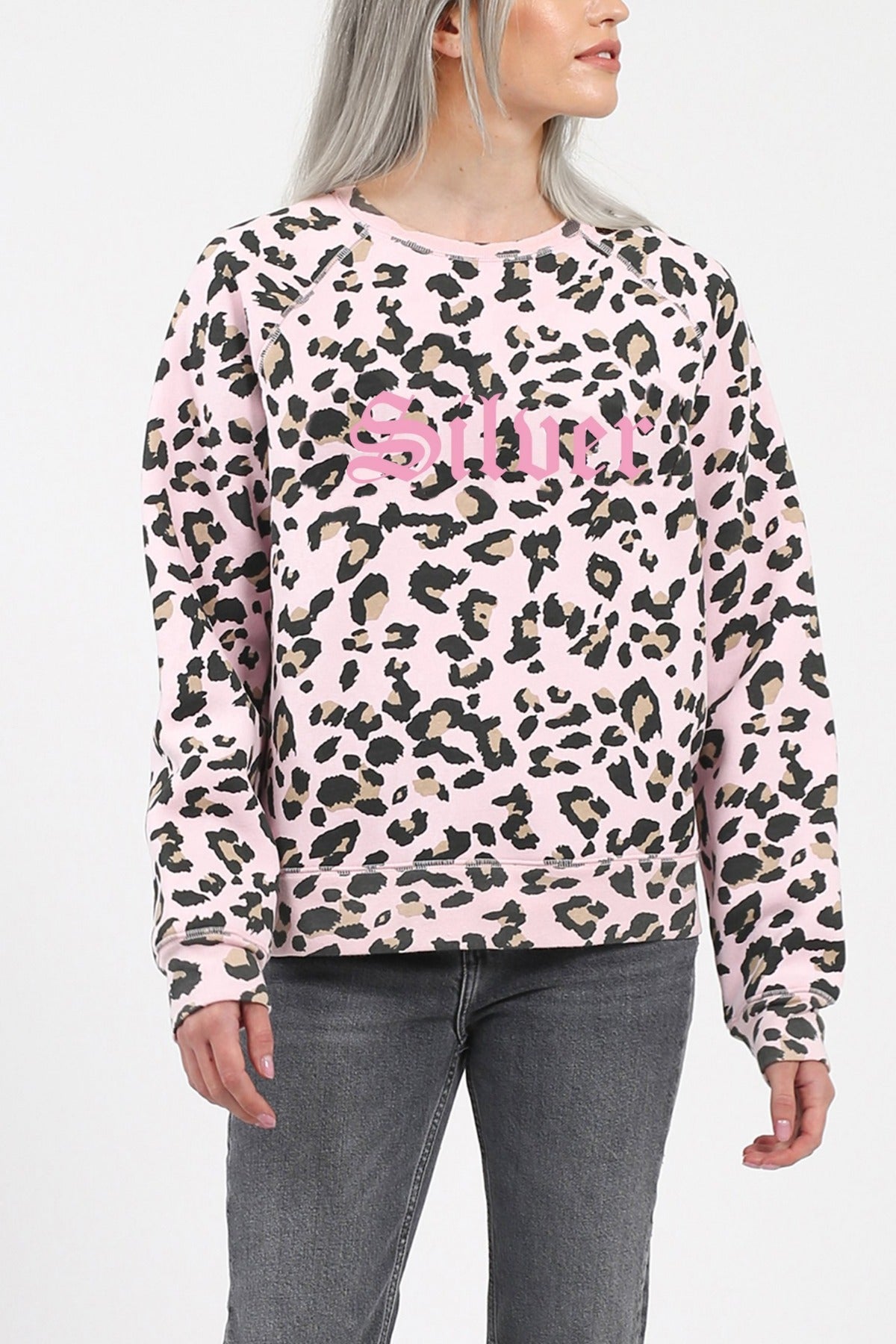 The "SILVER" Pink Leopard Middle Sister Crew Neck Sweatshirt