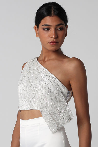Off White Sequined Draped Top - ShopAuthentique